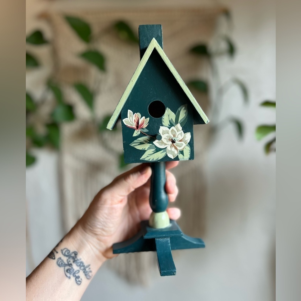 Vintage Hand-Painted Wooden Birdhouse Decor – Cottagecore Floral – 10” Tall